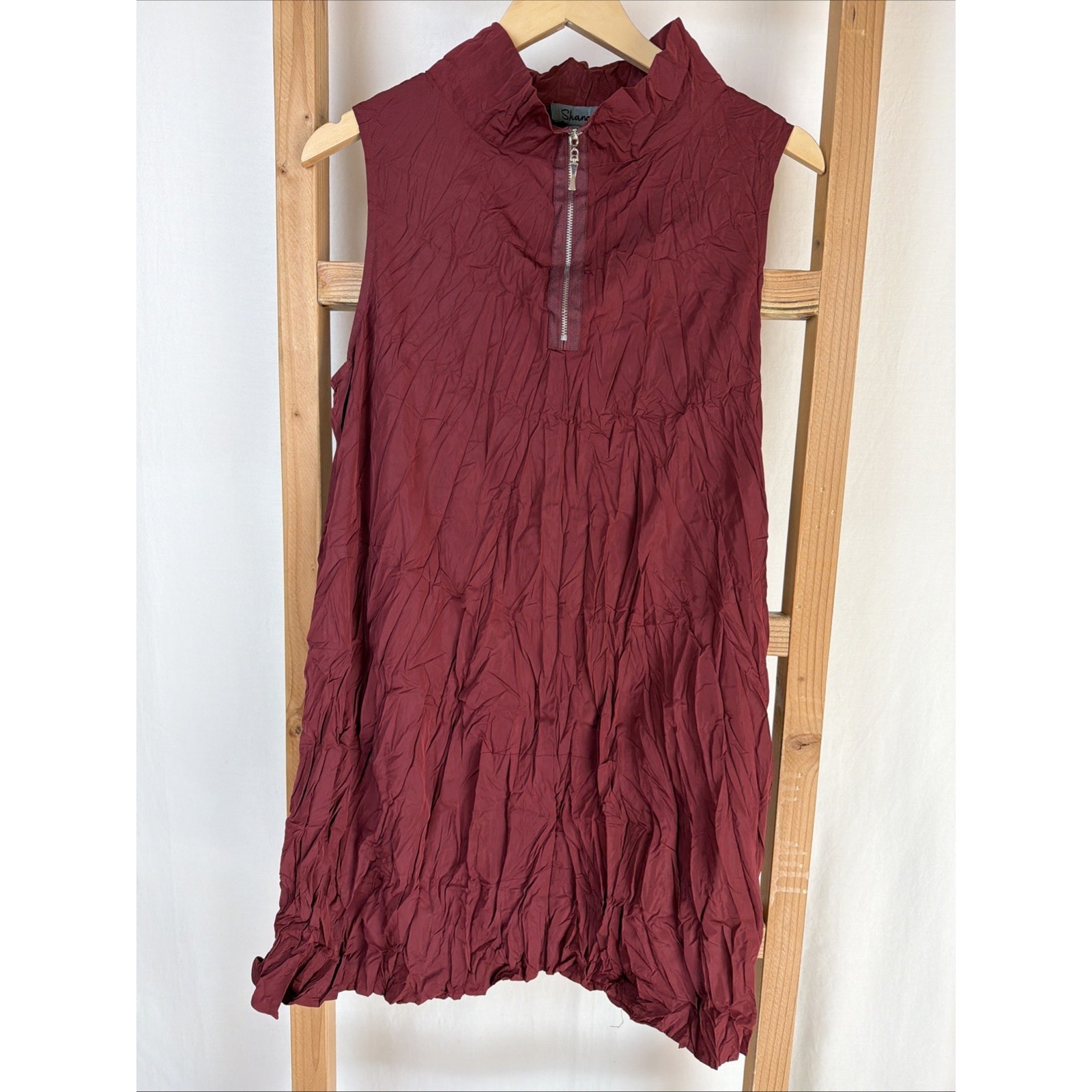 Nwt Shana Maroon Exposed Zipper High Neck Sleeveless Crinkle Tunic #0925 Size Xs